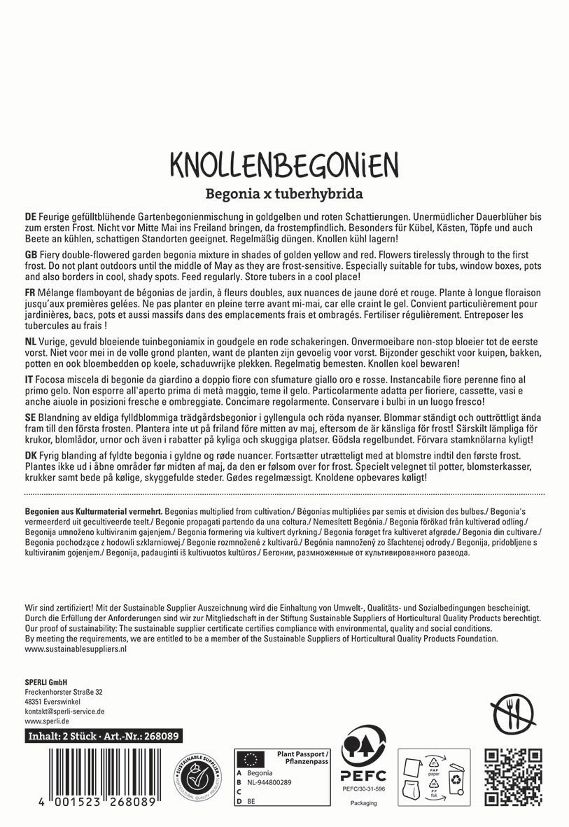 Text in multiple languages describing garden begonia mixture, cultivation, and certification information.