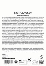 Text in multiple languages describing garden begonia mixture, cultivation, and certification information.