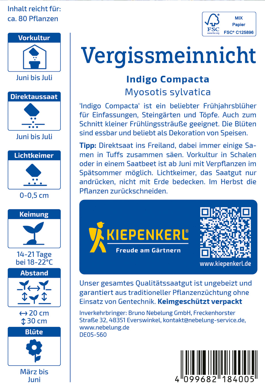 Paket mit vergissmeinicht Indigo Compacta, Text in deutscher Sprache, Informationen zu Pflanzenpflege und Anbieter.