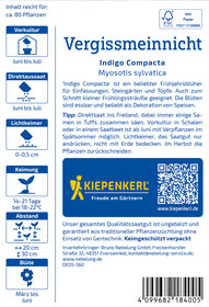 Paket mit vergissmeinicht Indigo Compacta, Text in deutscher Sprache, Informationen zu Pflanzenpflege und Anbieter.