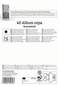 Verpackungsaufdruck mit Pflanzempfehlungen für Allium cepa Snowball, Symbolen, Kontaktdaten und Recyclinghinweisen.