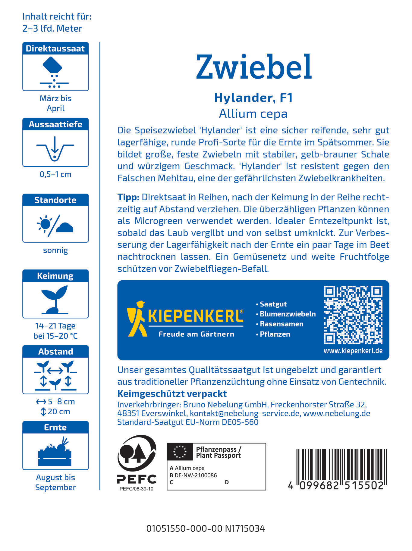 Ladenetikett mit blauer Schrift, QR-Code, Pflanzinfos, Icon für Saatgut, Blume, Sonne, Abstand, Erntezeit, PEFC-Logo.
