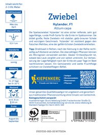 Ladenetikett mit blauer Schrift, QR-Code, Pflanzinfos, Icon für Saatgut, Blume, Sonne, Abstand, Erntezeit, PEFC-Logo.