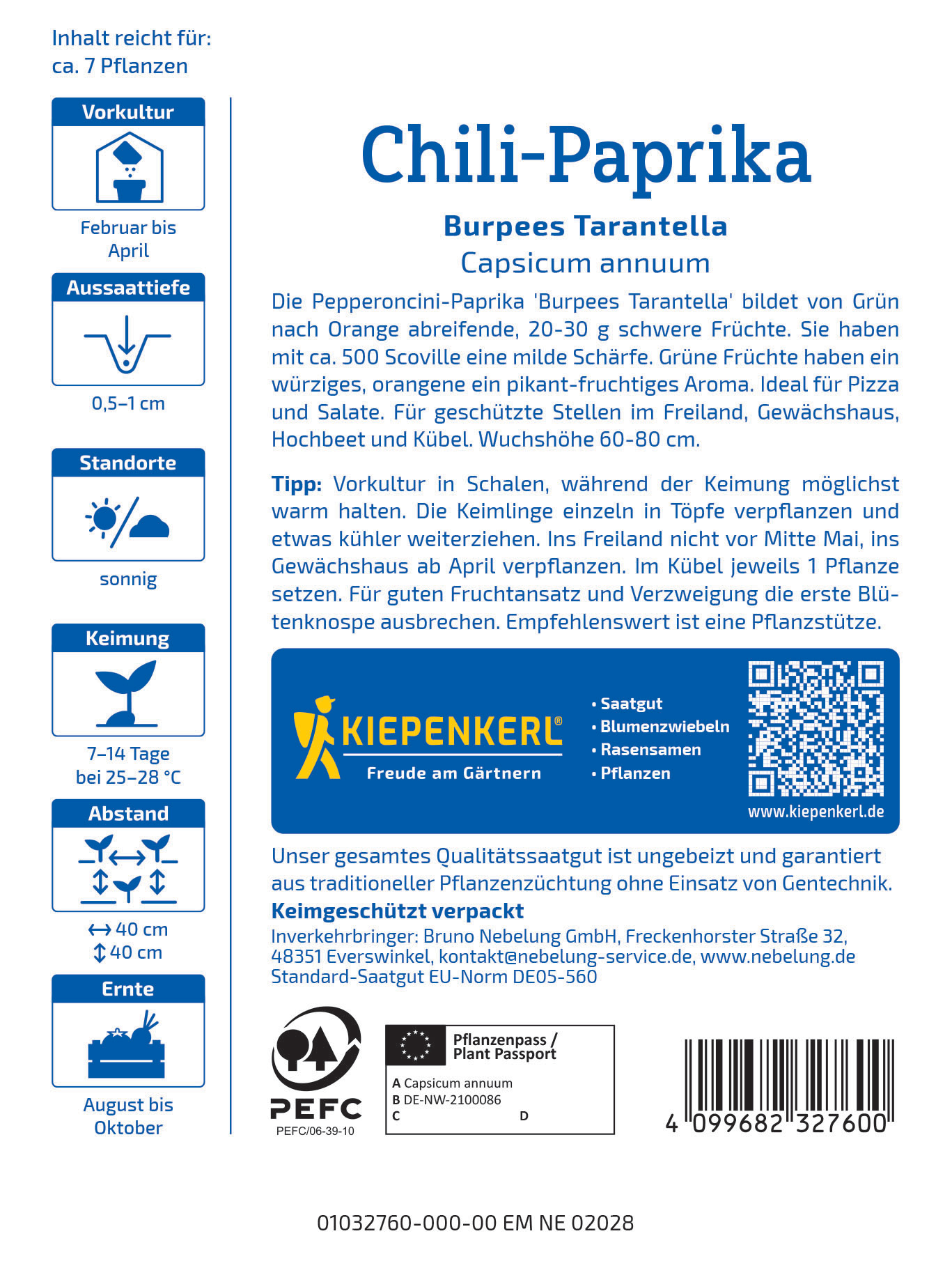 Text auf einem Pflanzensamen-Produktetikett mit Anweisungen, Logo, QR-Code, Barcode und Schutzsymbole.