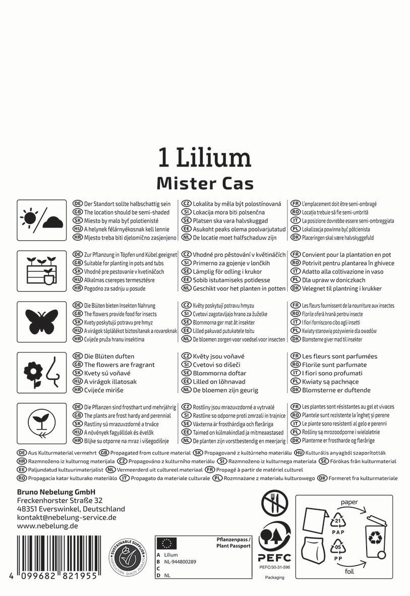 Anweisungen und Symbole für Pflanzung, Pflege und Recycling, mit Text in mehreren Sprachen.
