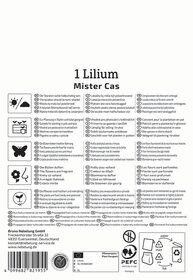 Anweisungen und Symbole für Pflanzung, Pflege und Recycling, mit Text in mehreren Sprachen.