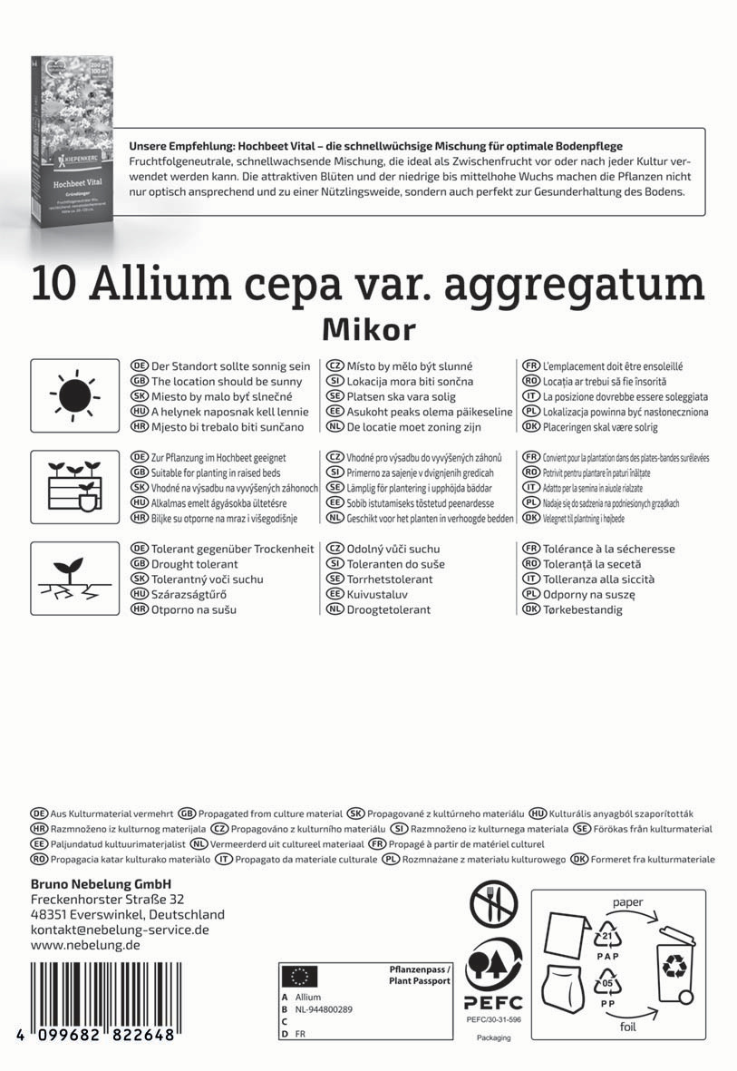 Auf der Verpackung steht Produktname Allium cepa var. aggregatum mit Anweisungen in mehreren Sprachen und Symbolen für Lagerung und Verwendung.