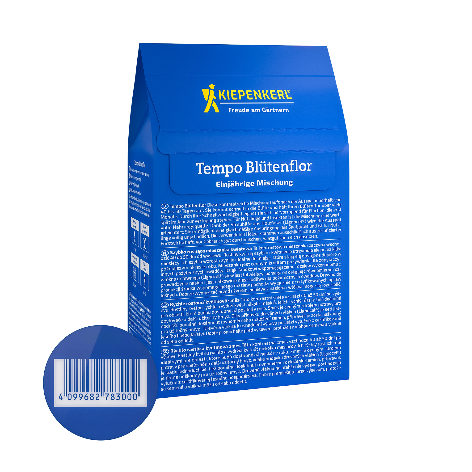 Blaue Verpackung mit gelbem Logo, Bezeichnung Tempo Blütenflor, Text und Barcode auf der Rückseite.