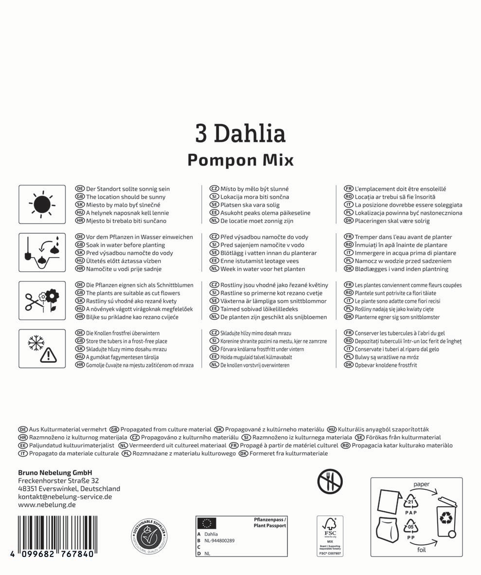 Pflanzenpass mit Pflanzenanleitung in mehreren Sprachen, Logos, Barcode und Recycling-Symbol.