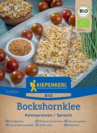 Tomaten, sprouted lentils, a slice of bread mit butter und Linsen, grüner Schnittlauch, in einer Schüssel.