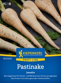Weiße Pastinaken mit grünen Blättern auf schwarzem Hintergrund, Verpackung zeigt Kiepenkerl-Profi-Line.