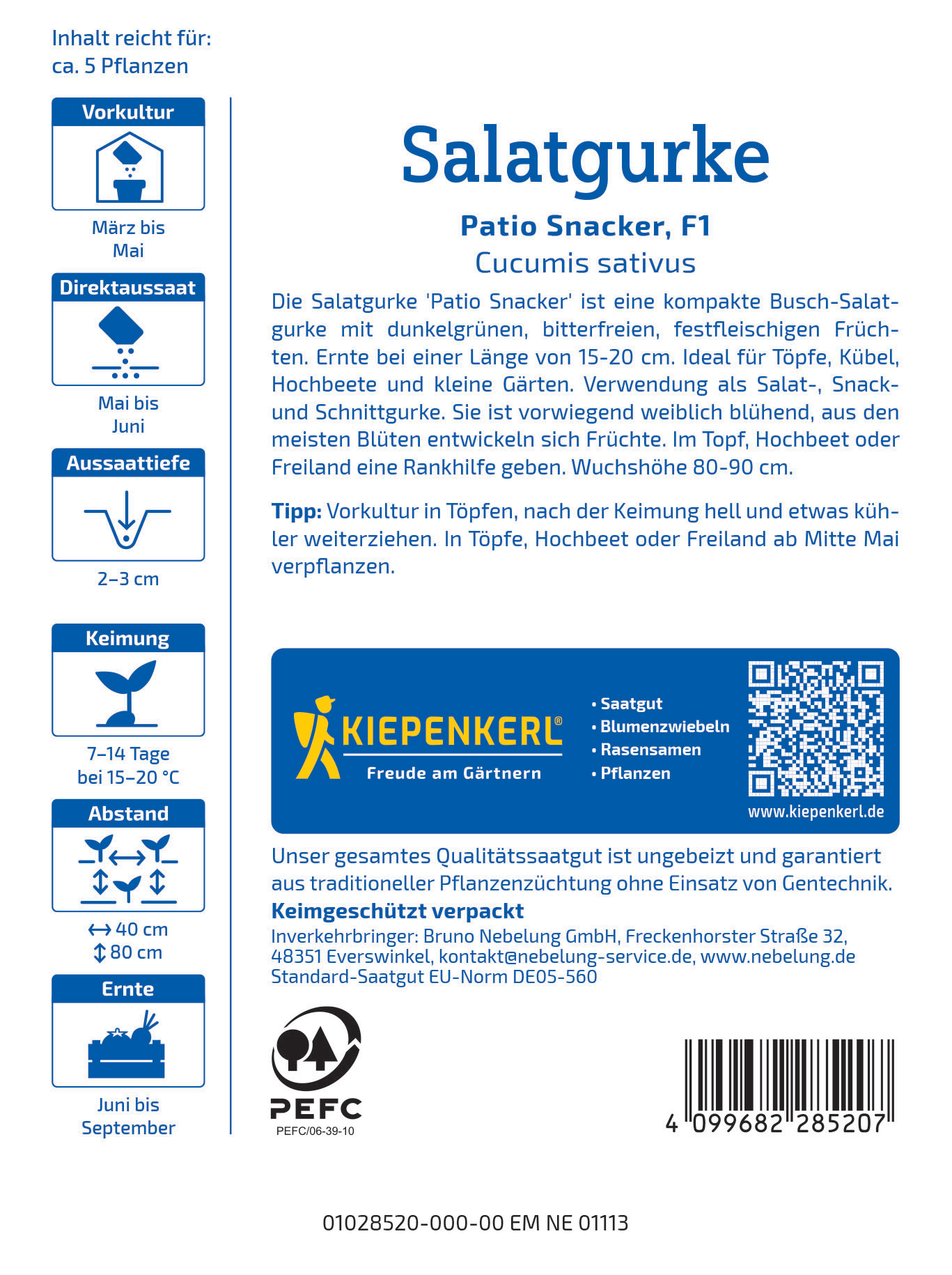 Packungsbeschreibung für Salatgurken mit Anleitung, Pflanzinformationen, Logo und Barcode.