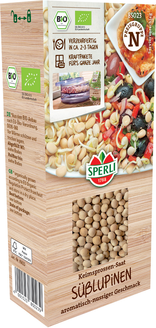 Süßlupinen Keimprossen-Saat mit Bild, Verpackung und Text in deutscher Sprache
