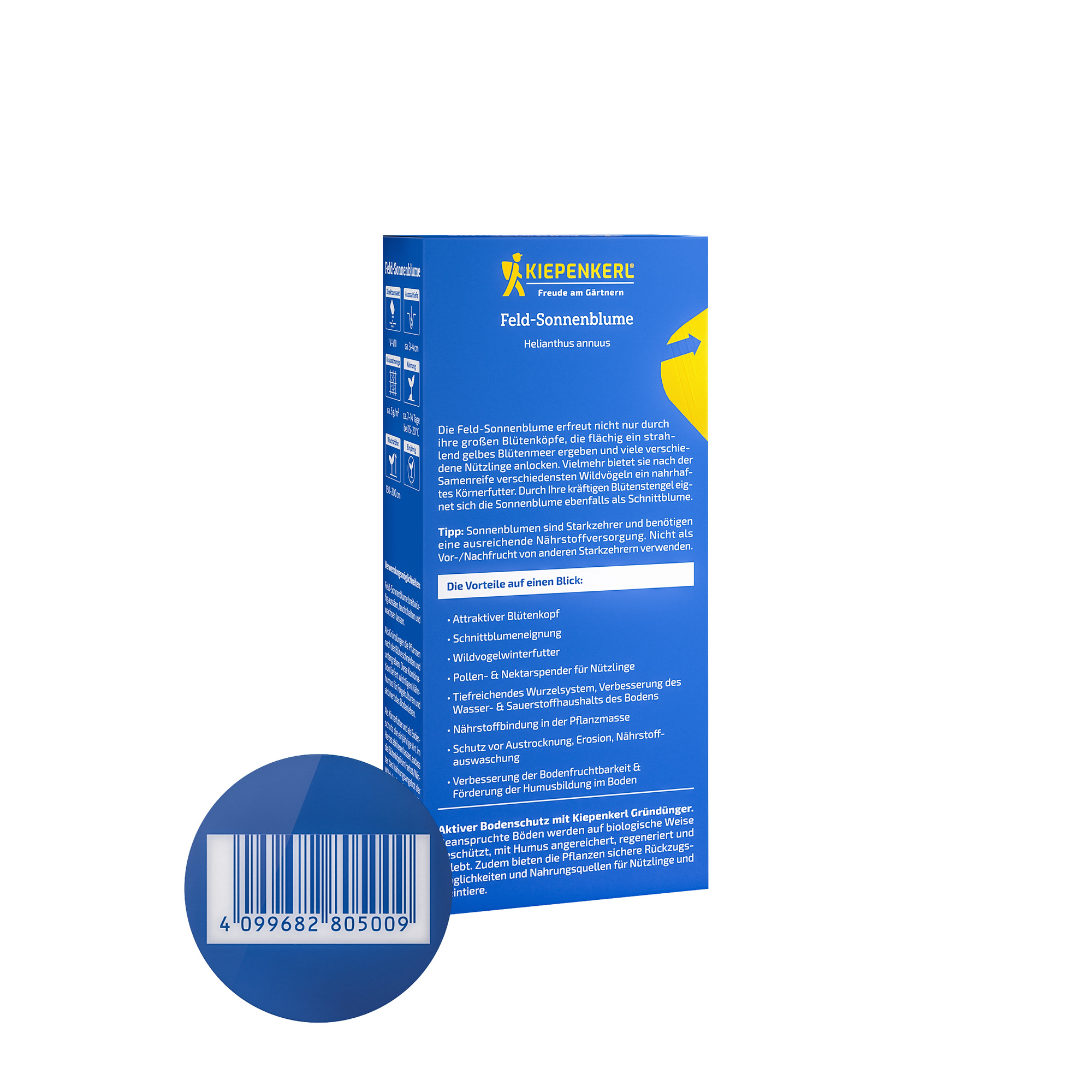 Kiepenkerl Feld-Sonnenblume Verpackung mit Barcode, blauer Hintergrund, Text in Deutsch.