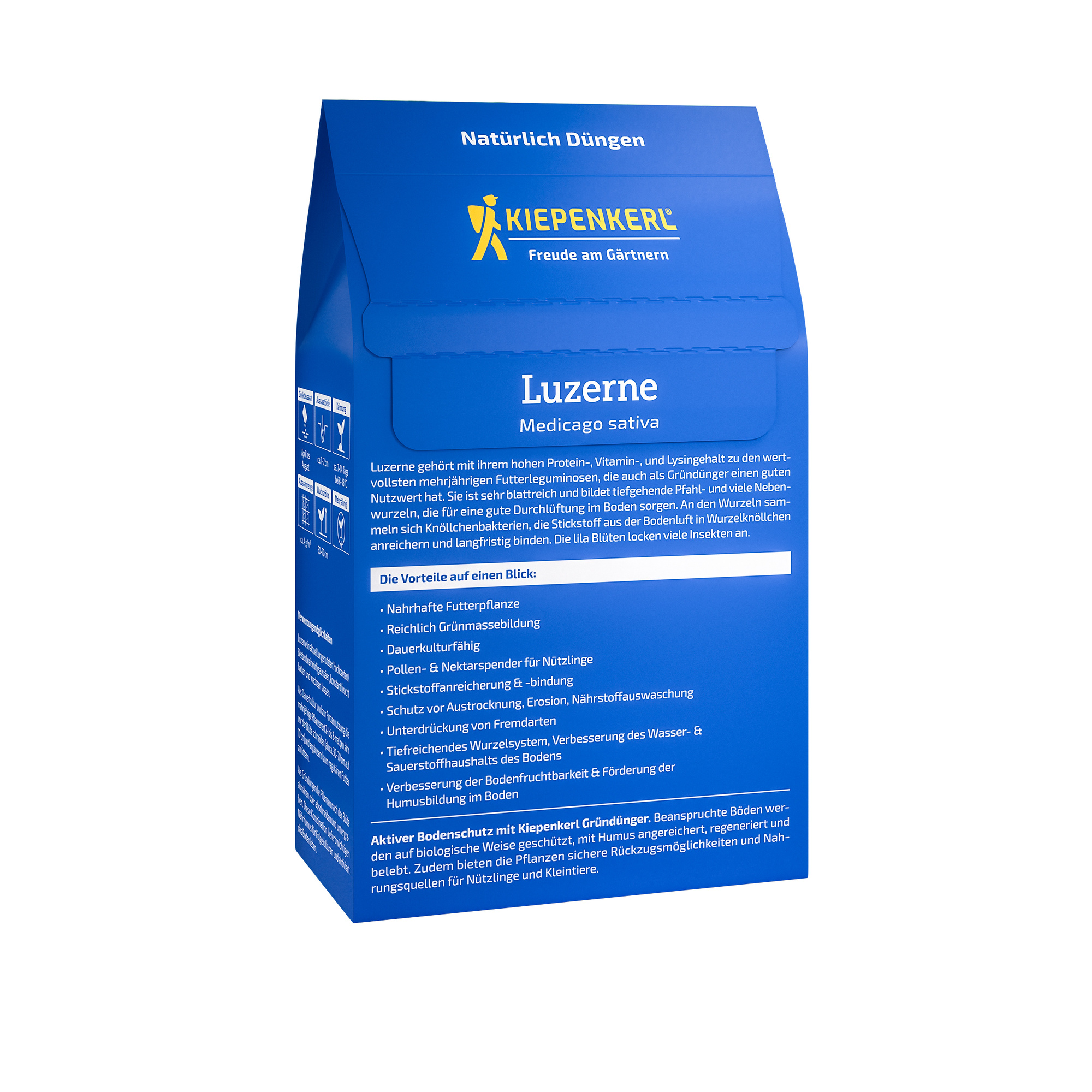 Blaues Päckchen mit Kiepenkerl Logo und weißen Text, Produktname Luzerne, Beschreibung und Vorteile auf der Vorderseite