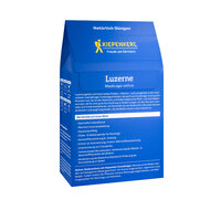 Blaues Päckchen mit Kiepenkerl Logo und weißen Text, Produktname Luzerne, Beschreibung und Vorteile auf der Vorderseite