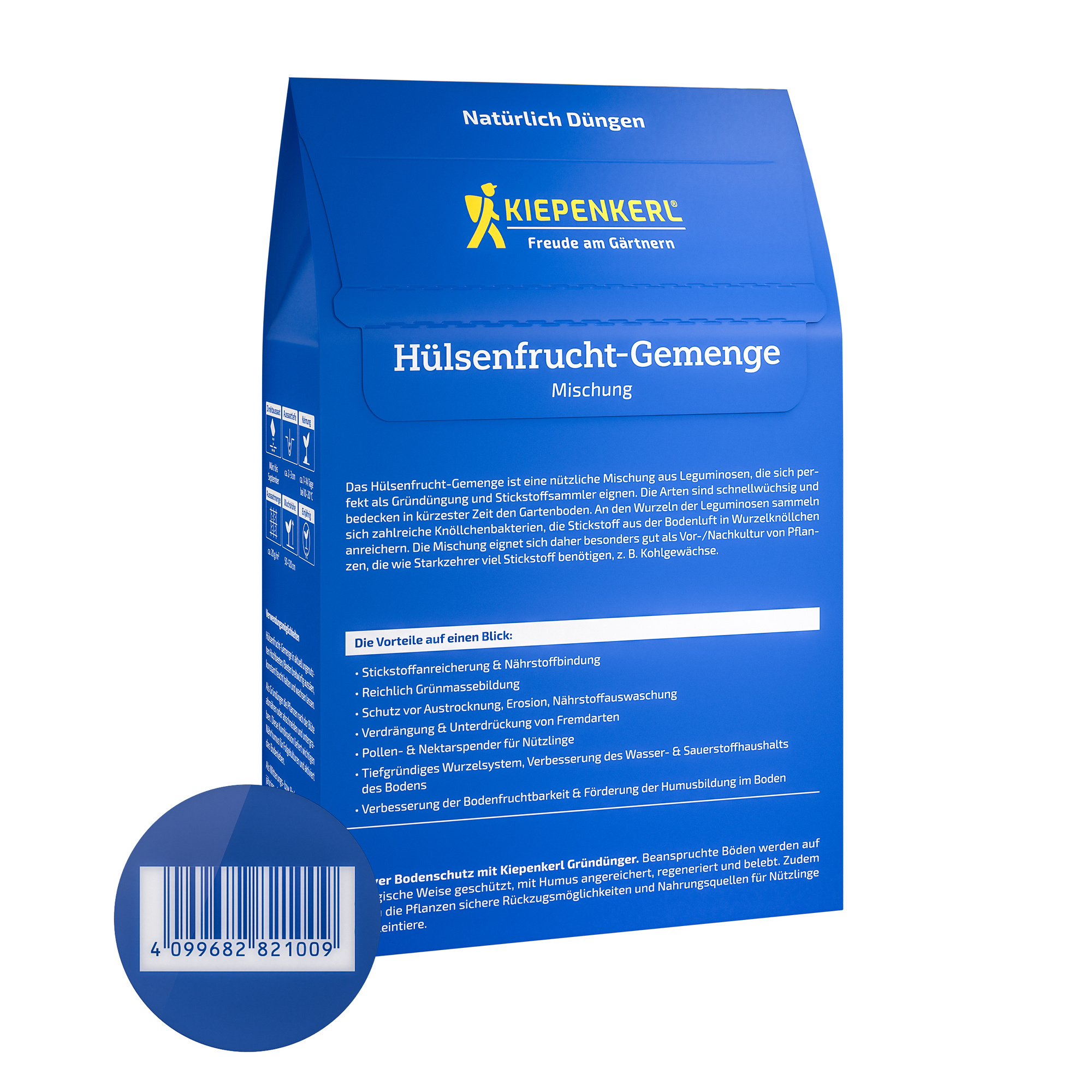 Blaue Verpackung mit weißen Texten und Barcode, Inhalt Hülsenfrucht-Gemenge für Gartenboden.