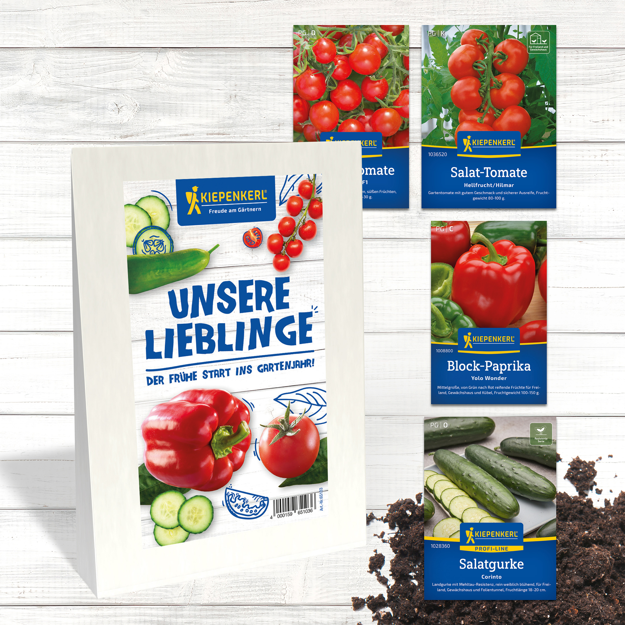 Verschiedene Gemüsesamen, Tomaten, Paprika und Gurken auf weißem Holz.