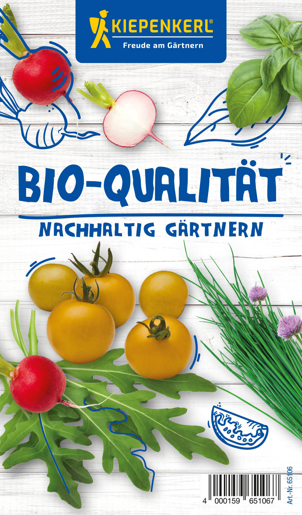 Verschiedene bio Gemüse und Kräuter auf weißem Holzuntergrund.