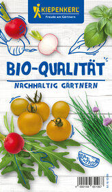 Verschiedene bio Gemüse und Kräuter auf weißem Holzuntergrund.