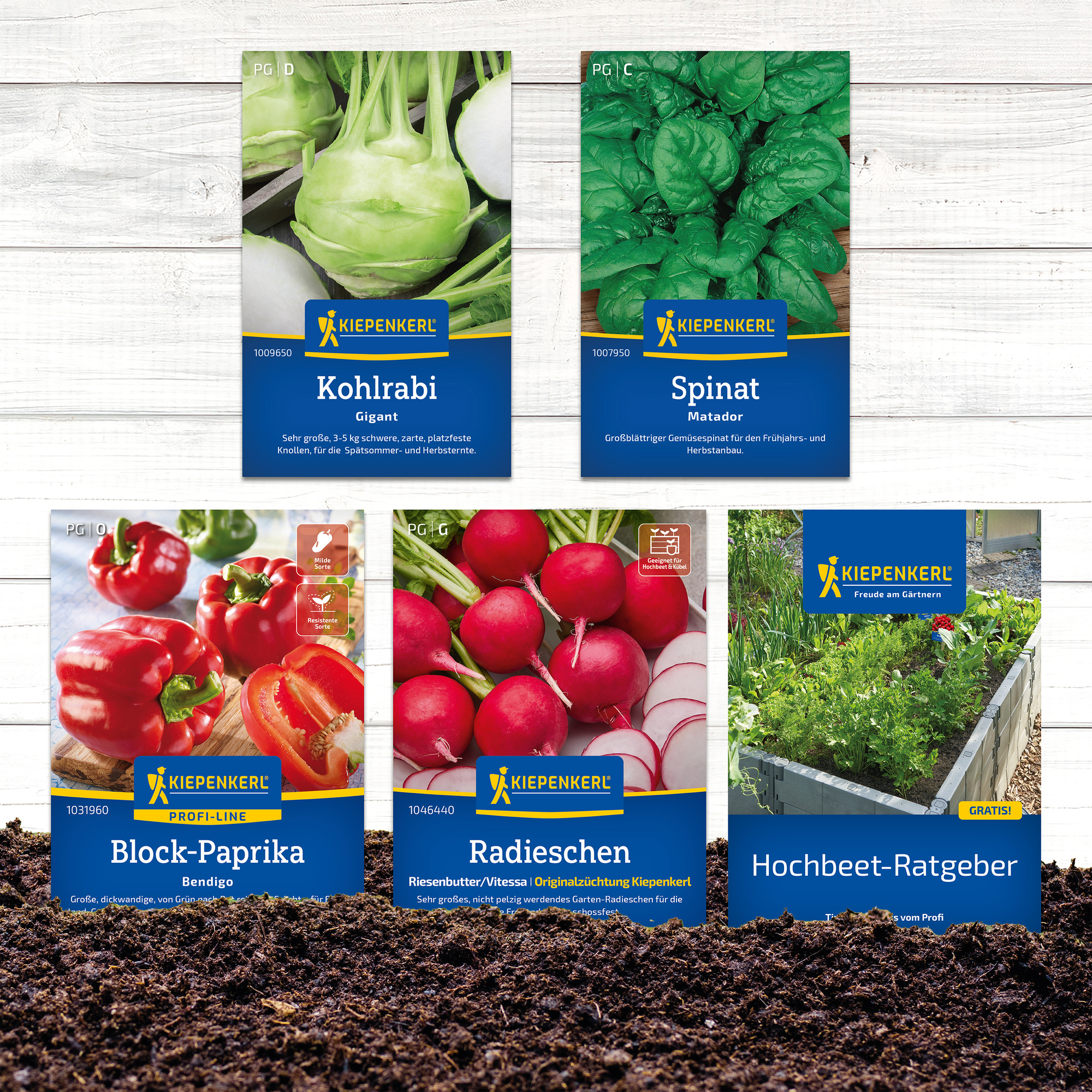 Samenlagen, Gemüsesamen, Radieschen, Spinat, Kohlrabi, Hochbeet-Ratgeber auf oberem Bild.