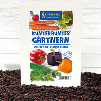 Päckchen mit bunten Paprika, Kräutern und Karotten vor weißem Holz Hintergrund