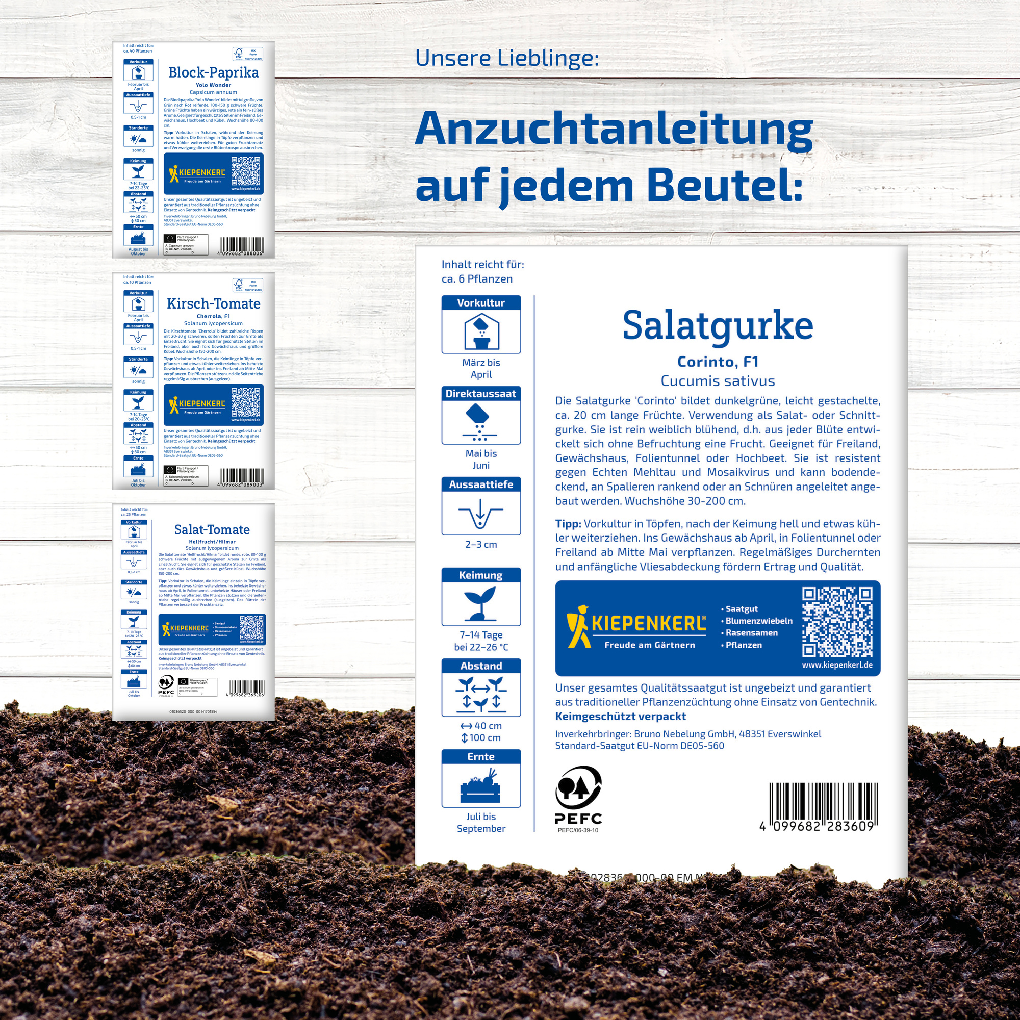 Anleitung für Saatgutbeutel mit Pflanzinformationen, QR-Code, Logo, Barcode, Text und Symbolen auf weißem Hintergrund.