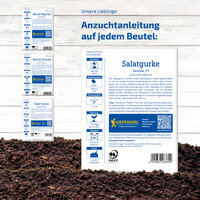 Anleitung für Saatgutbeutel mit Pflanzinformationen, QR-Code, Logo, Barcode, Text und Symbolen auf weißem Hintergrund.