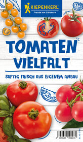 Verschiedene Tomaten auf weißem Holz-Hintergrund, handgezeichnete Tomatenscheiben.