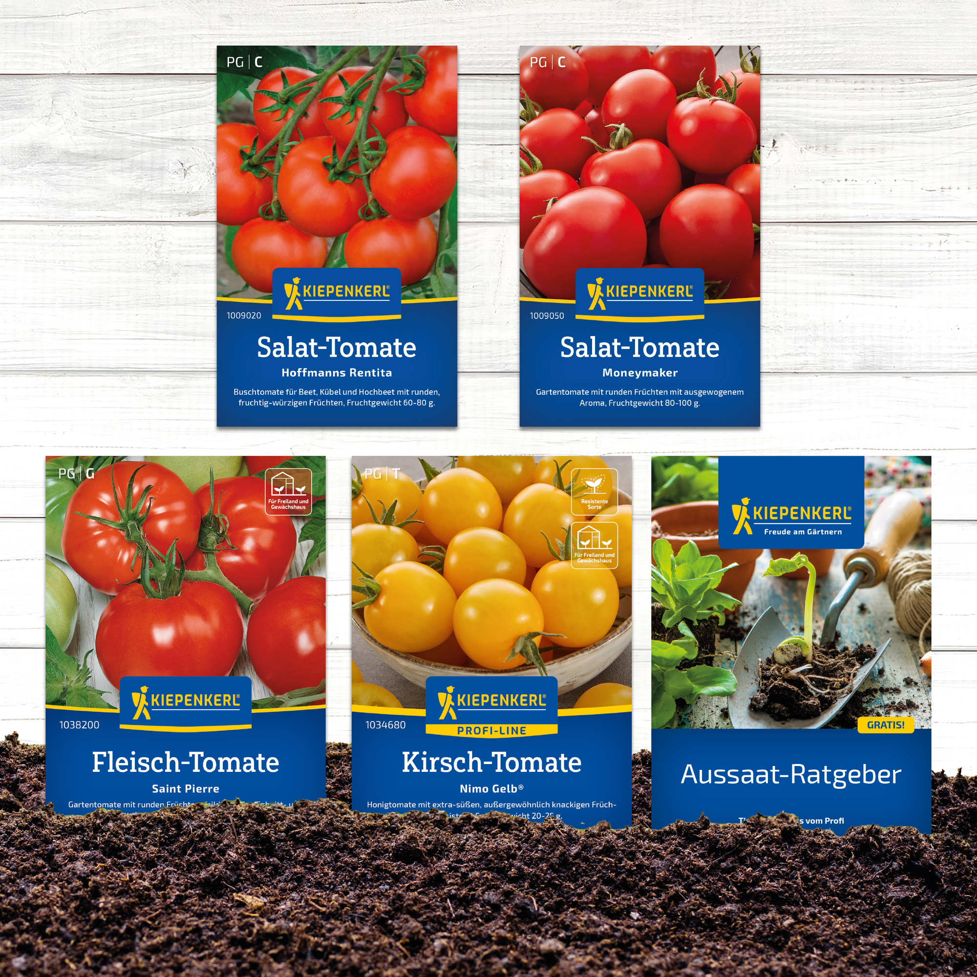 Verschiedene Tomatensamen- und Gartentipps in Verpackungen auf Erde.