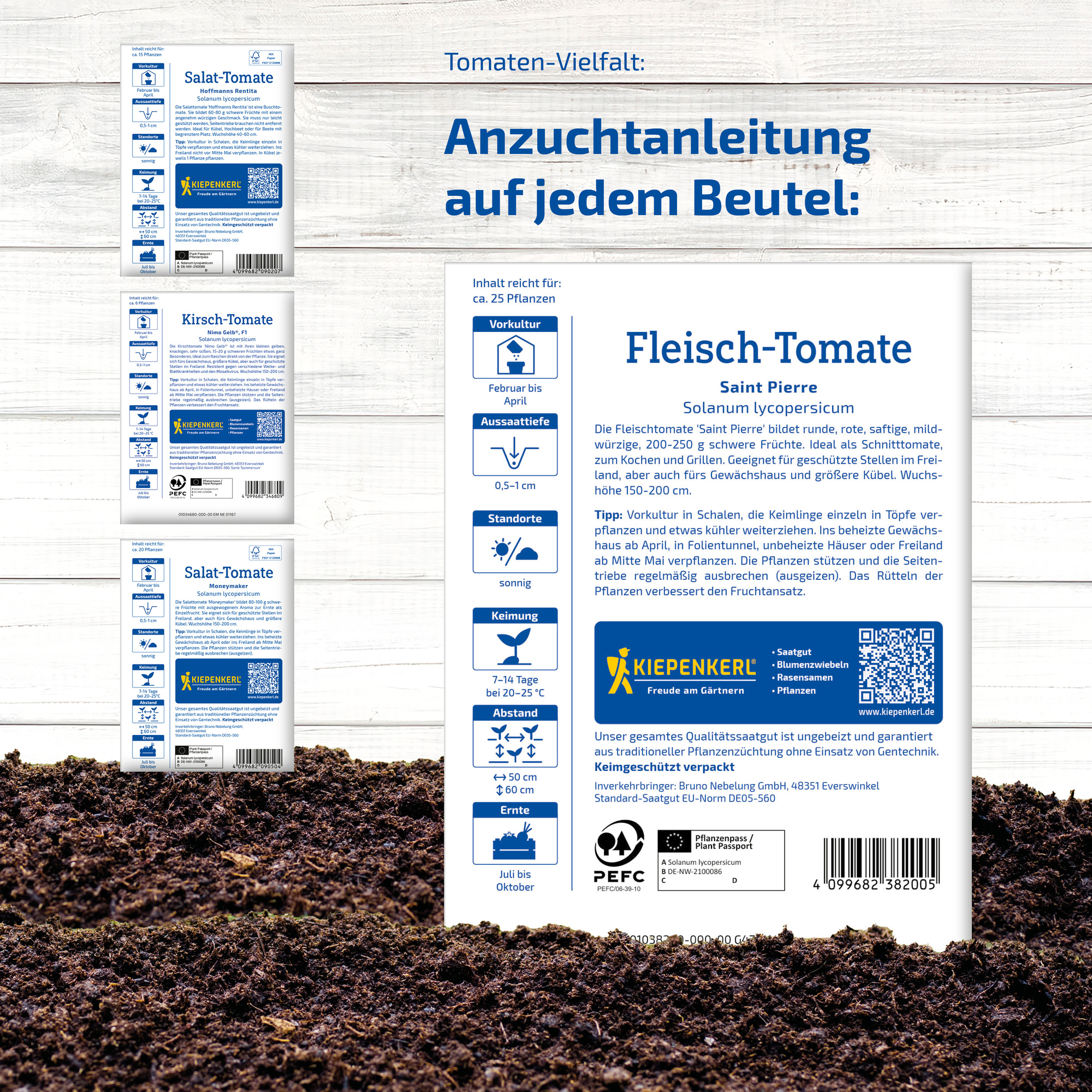 Anleitung auf einer Packungsfolie mit Text, Diagrammen und QR-Code vor einer Holzoberfläche.