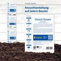 Anleitung auf einer Packungsfolie mit Text, Diagrammen und QR-Code vor einer Holzoberfläche.