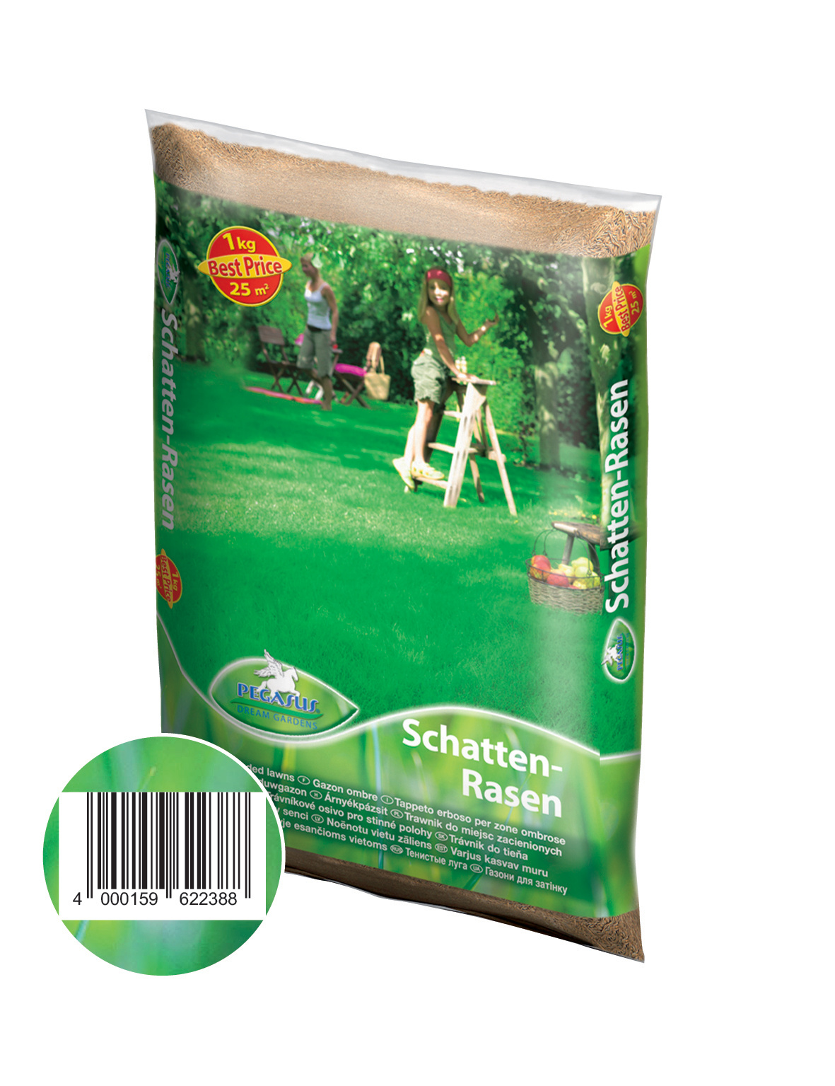 Gras auf einer Gartentüte, mit Kindern im Garten, Baum und Rasen im Hintergrund.