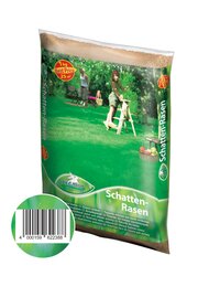 Gras auf einer Gartentüte, mit Kindern im Garten, Baum und Rasen im Hintergrund.