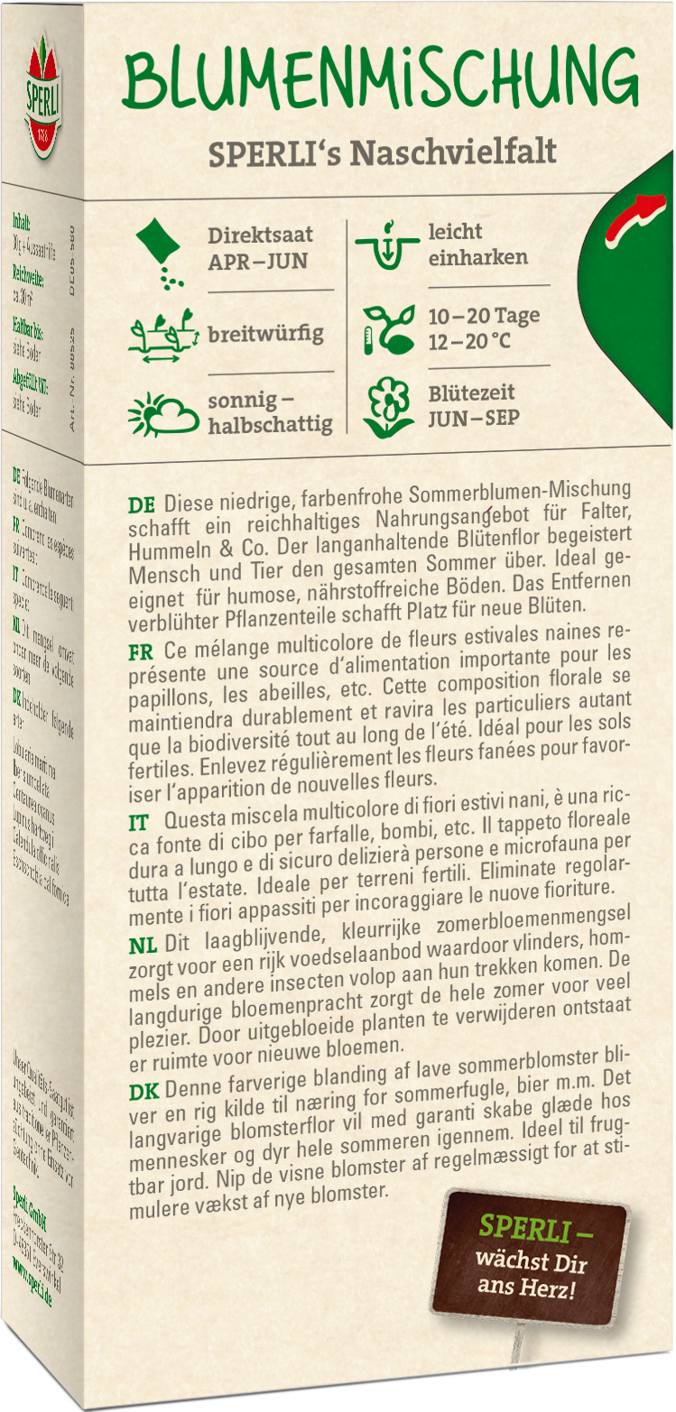 Blumenmischung Packung mit grüner Schrift, Blüte und Insekten-Symbol, Text auf der Verpackung.