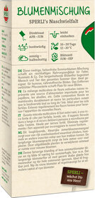 Blumenmischung Packung mit grüner Schrift, Blüte und Insekten-Symbol, Text auf der Verpackung.