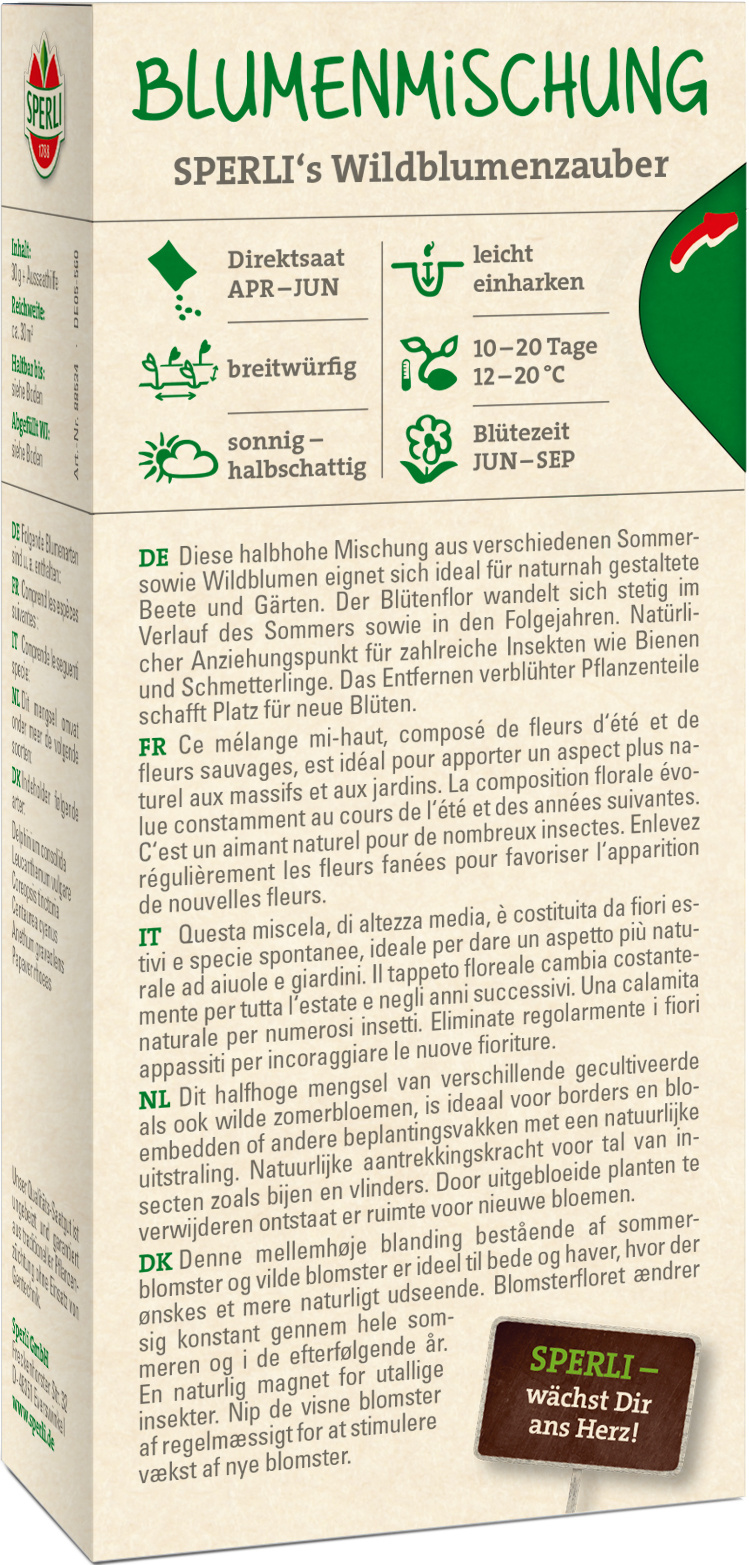 Blumenmischung mit Wildblumen für Sommerbeete und Gärten, Blütezeit Juni bis September.