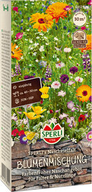 Bunte Blumen mit Bienen und Schmetterlingen, beiliegender Verpackungstext auf der Seite.