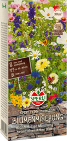 Bunte Blumen und Schmetterlinge auf einem Blumenmischungspaket für Balkone und Beete, ca. 30-80 cm hoch, mehrjährig.
