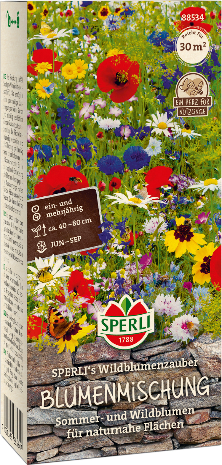 Bunte Wildblumenmischung für sommerliche naturnahe Flächen, inklusive Mohn, Kamille und Kornblumen, für 30 Quadratmeter.