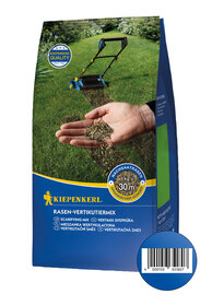 Grasfläche mit Rasenmäher, Hand hält organischen Dünger, Beschreibung in mehreren Sprachen, Barcode auf blauem Kreisrückseite