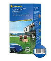 Box mit Rasenmischung, Frontansicht mit modernem Haus, Gartenmöbeln, grüner Wiese, Rasenroboter, blaue Verpackung.