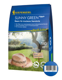 Blauer Samentütchen mit hellgrünem Rasen, Strohhut, Schild "Mein Paradiesrasen", Baum im Hintergrund, Barcode.