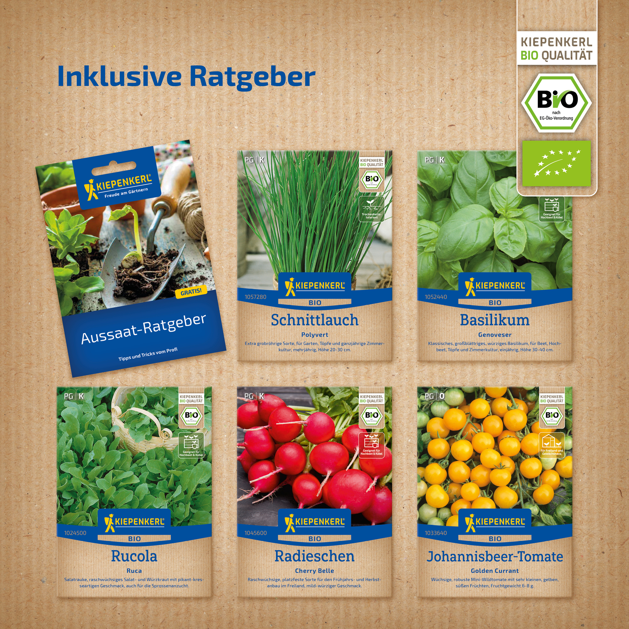 Verschiedene Bio-Gemüsesorten, darunter Tomaten, Radieschen, Basilikum, Rucola und Schnittlauch.