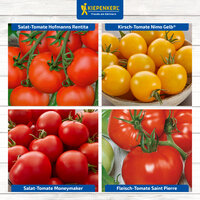 Verschiedene Tomatensorten auf einer Holzoptik-Hintergrund, je mit Namen markiert.