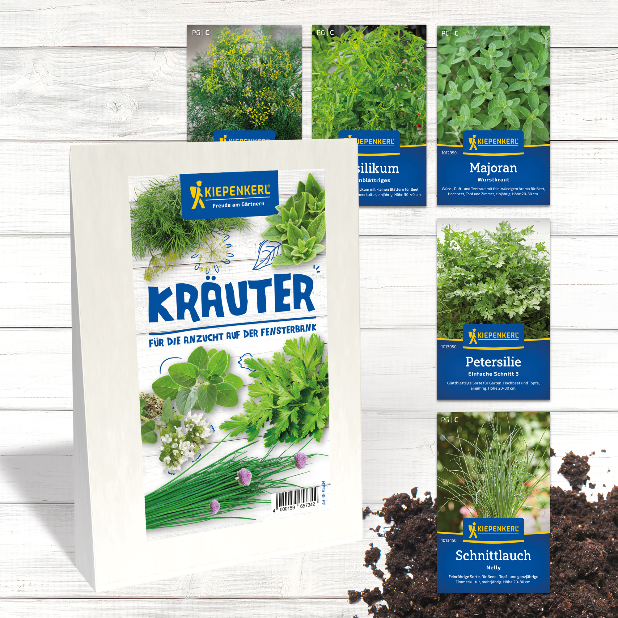 Kräutermischung für die Fensterbank, inklusive Petersilie, Majoran, Schnittlauch, Siliikum und andere.