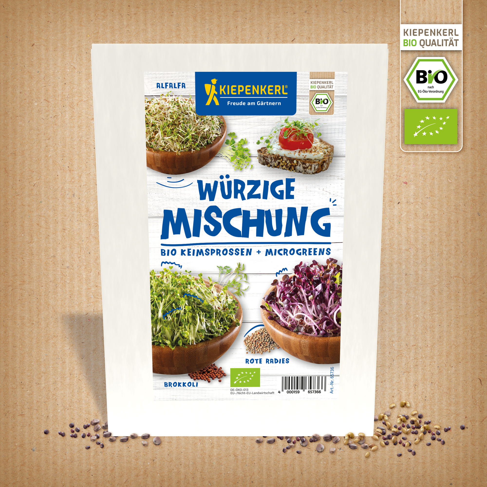 Bio gewürzmischung mit roter Radieschen und Sprossen in Schälchen.