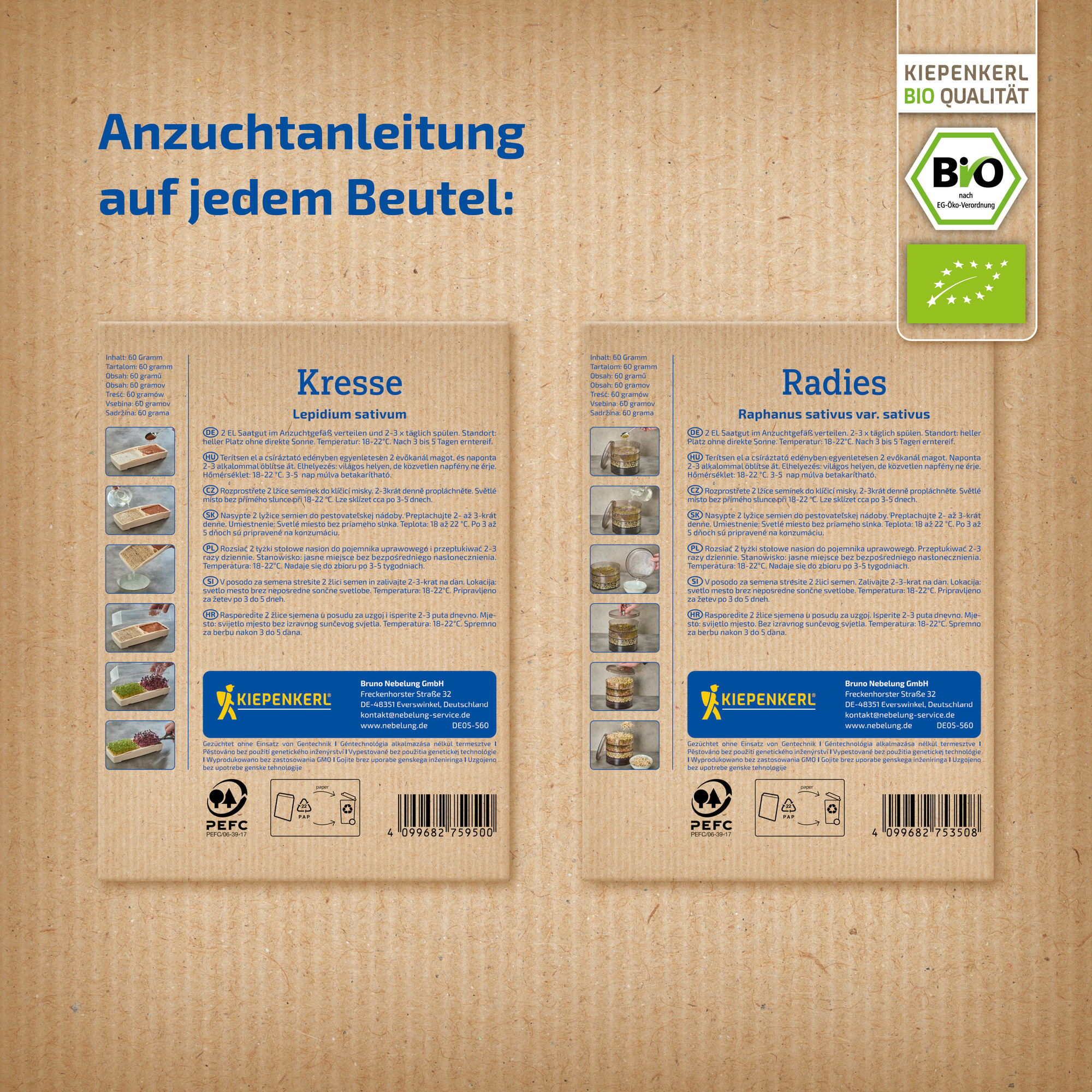 Anzuchtanleitung auf Paketen für Kresse und Radieschen vor einer Bodenfläche mit Erde.