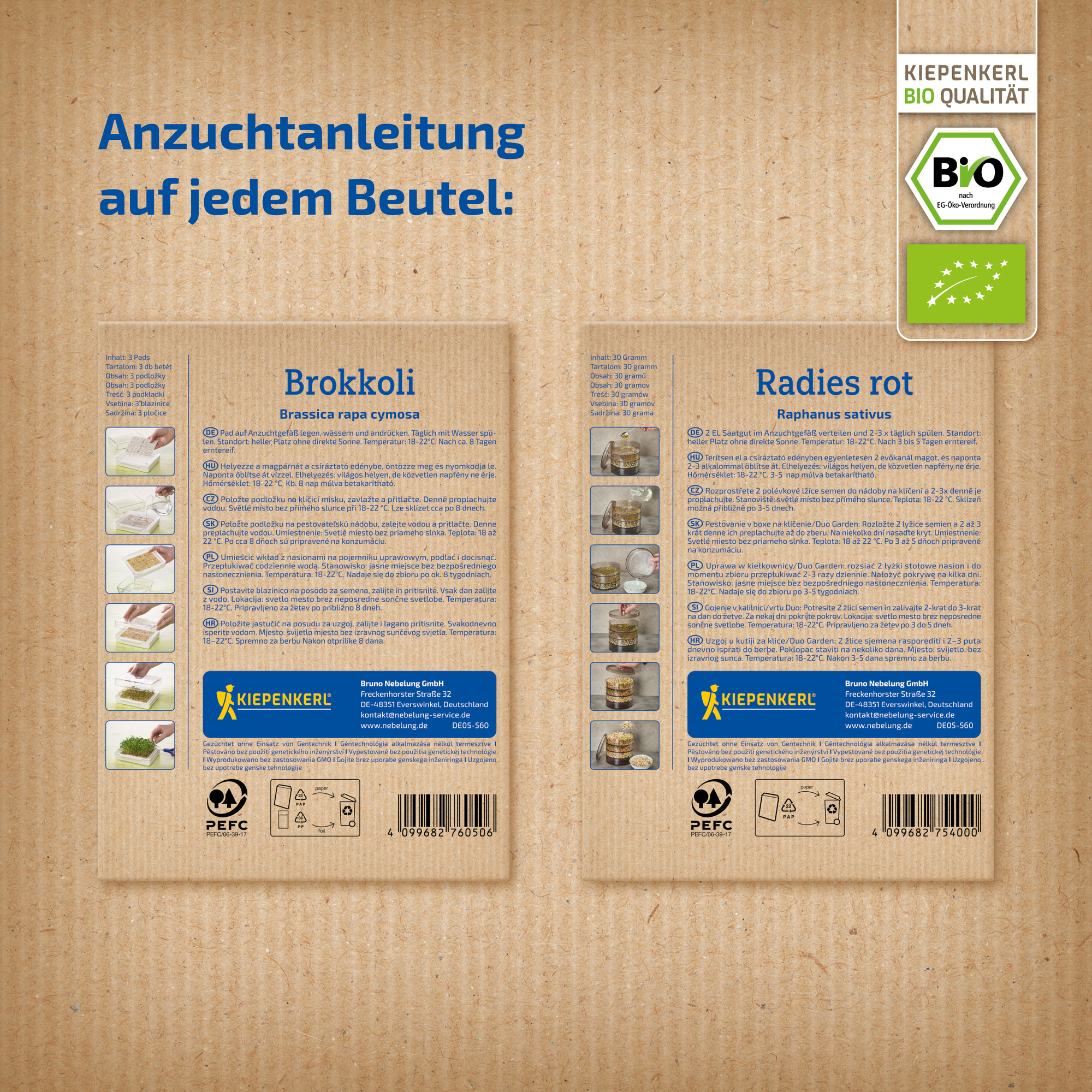Anzuchtanleitung auf brauner Papiertüte, mit Text in mehreren Sprachen, 30 g Inhalt, Bio-Kennzeichnung.