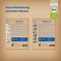 Anzuchtanleitung auf brauner Papiertüte, mit Text in mehreren Sprachen, 30 g Inhalt, Bio-Kennzeichnung.